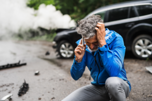 a man calling his insurance company after a car accident caused by reckless driving