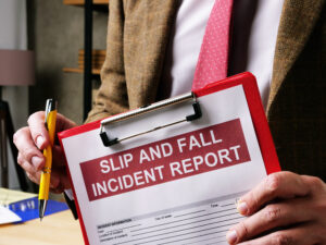 a person with a slip and fall incident report clipboard filing against negligent property owners