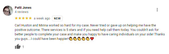 ladah injury & car accident lawyers las vegas review by patti jones on 10-18-2024 reads: "Carl Huston and Mirina worked so hard for my case. Never tried or gave up on helping me have the positive outcome. There services is 5 stars and if you need help call them today. You couldn't ask for better people to complete your case and make you happy to have caring individuals on your side! Thanks you guys....I could have been happier!👏👏👏👏👏❤️"